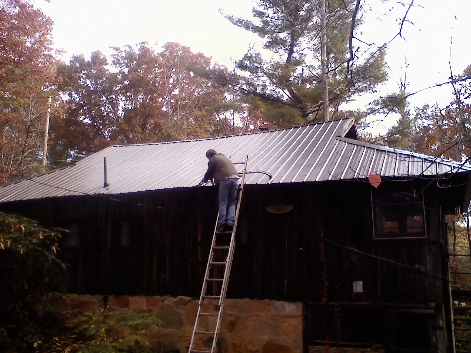 Roofer on a ladder working along the edge of a cabin metal roof in Comstock Park