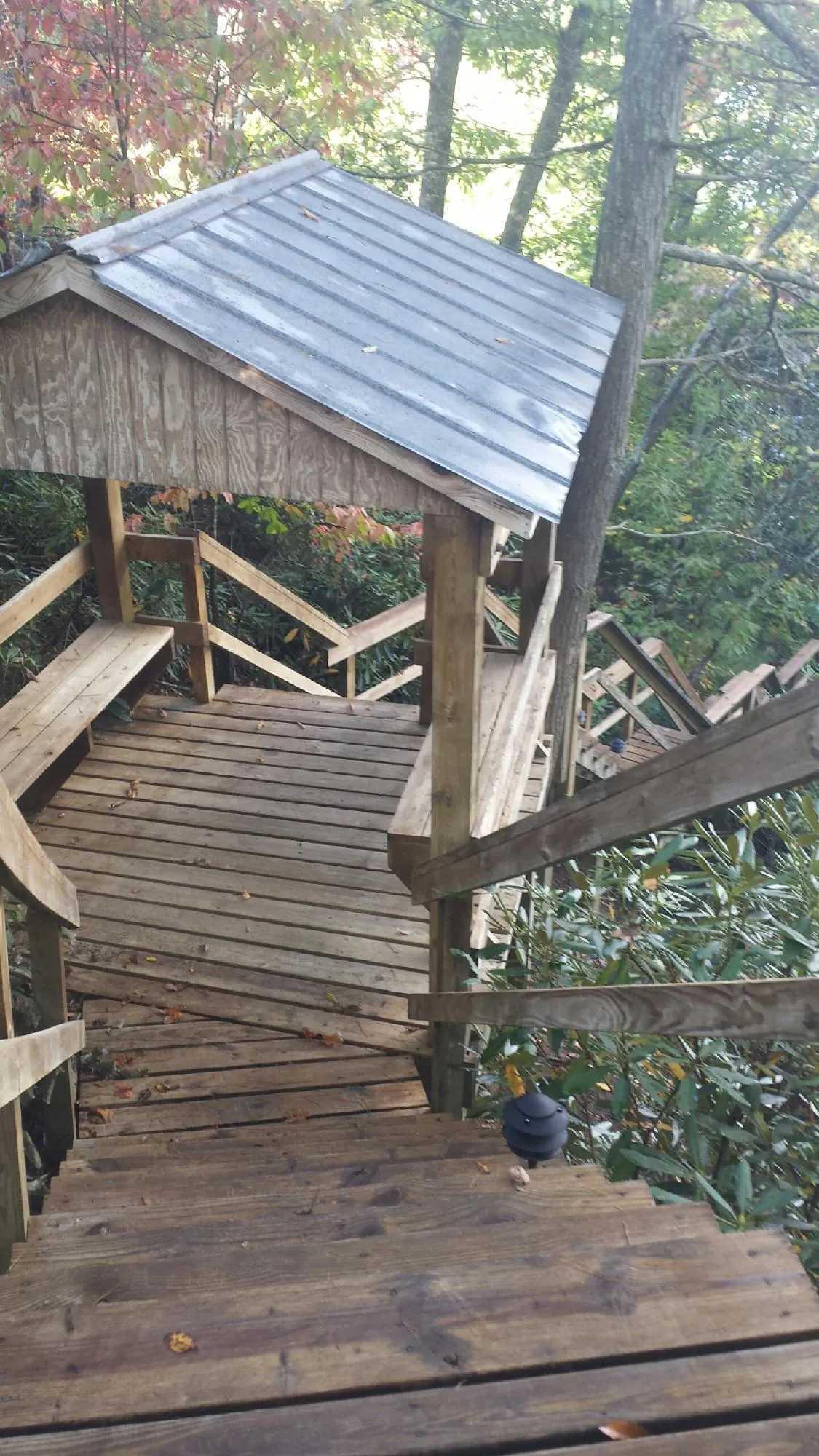 Metal roofed shelter over wooden steps on a wooded walkway — Skylight Repair & Installation work by our crew in Comstock Park